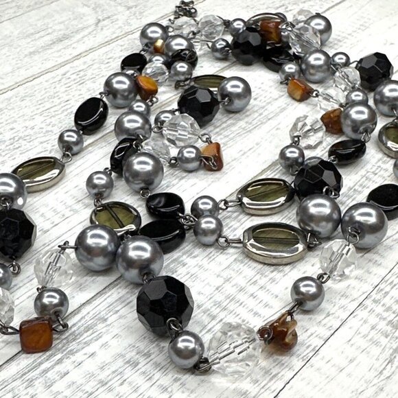Premier Designs Necklace Long Length Beaded Silver Tone Black Mixed Beads - Picture 4 of 4